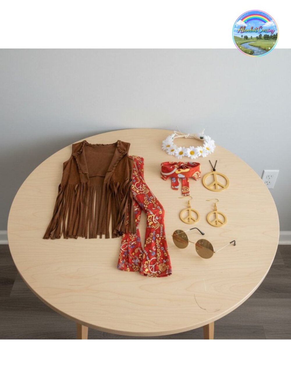 Hippie Costume 7-Piece Set Faux Suede Vest Bell Bottom Pants Fringe Accessories